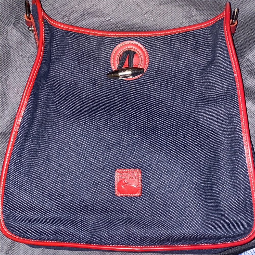 Dooney and Bourke Denim and Red Feed Sac Shoulder Bag